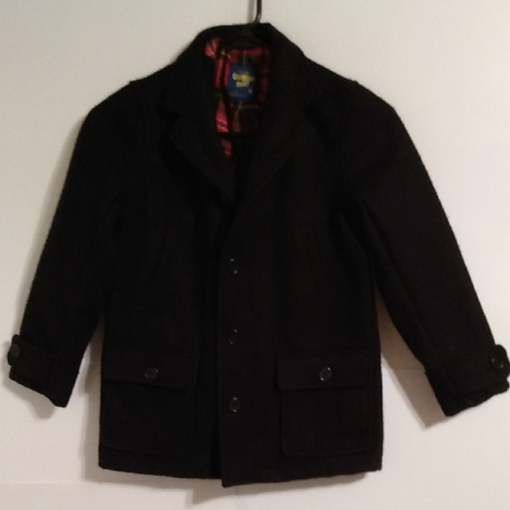 Vtg Oshkosh Sailor Black Pea Coat With Plaid Lining